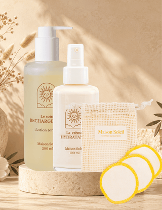 Routine Matin Express Maison Soleil : lotion tonique, crème et cotons lavables